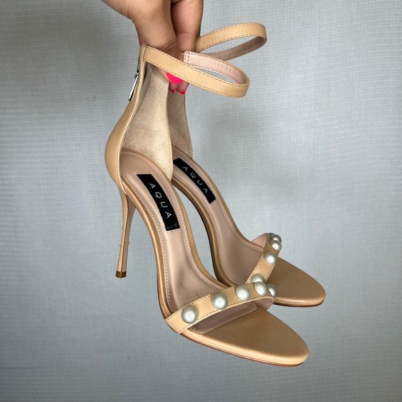 AQUA Pearl Embellished Nude Ankle Strap Heels Stiletto Sandals Size 6M - Picture 1 of 4